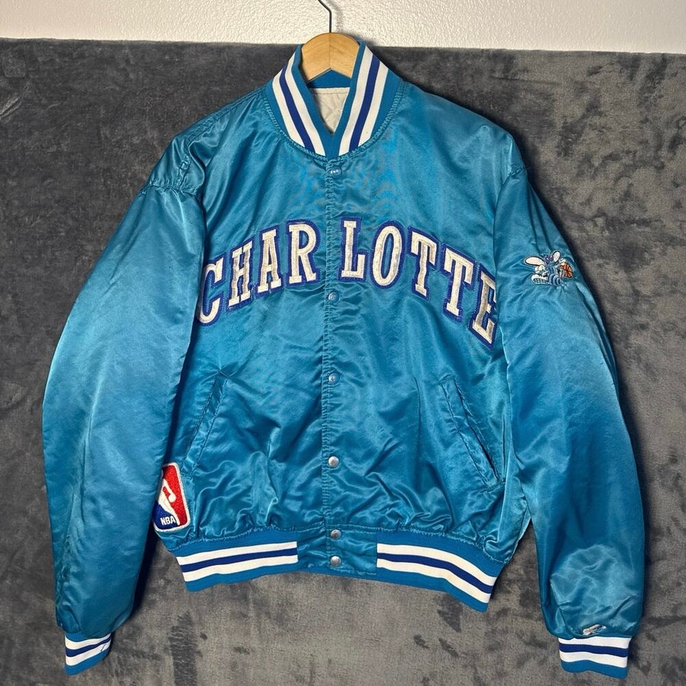 Vtg 90s Charlotte Hornets Starter Satin Bomber Jacket XL Teal Made in USA NBA